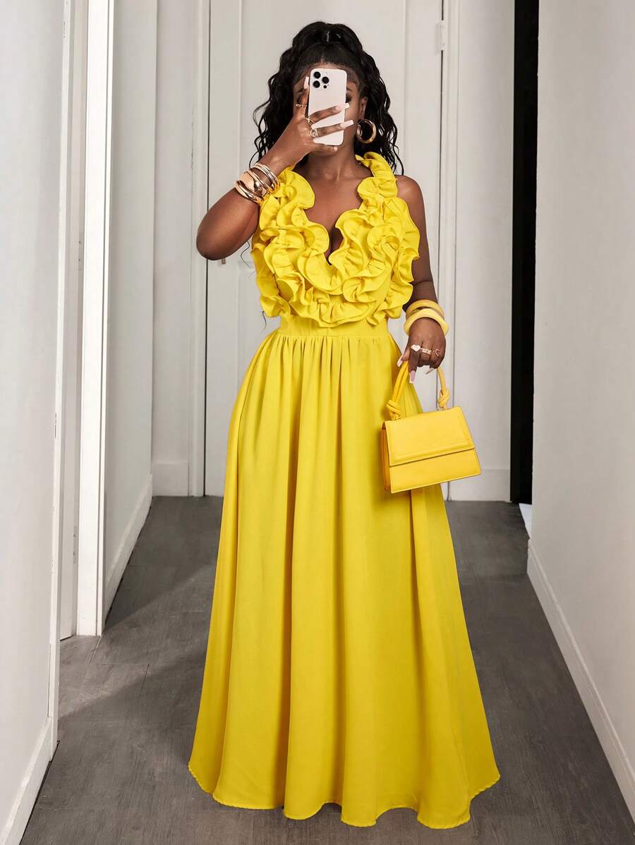 Yellow Deep V-Neck Ruffle Halt - Maxi Dress Halter recensie en prijs