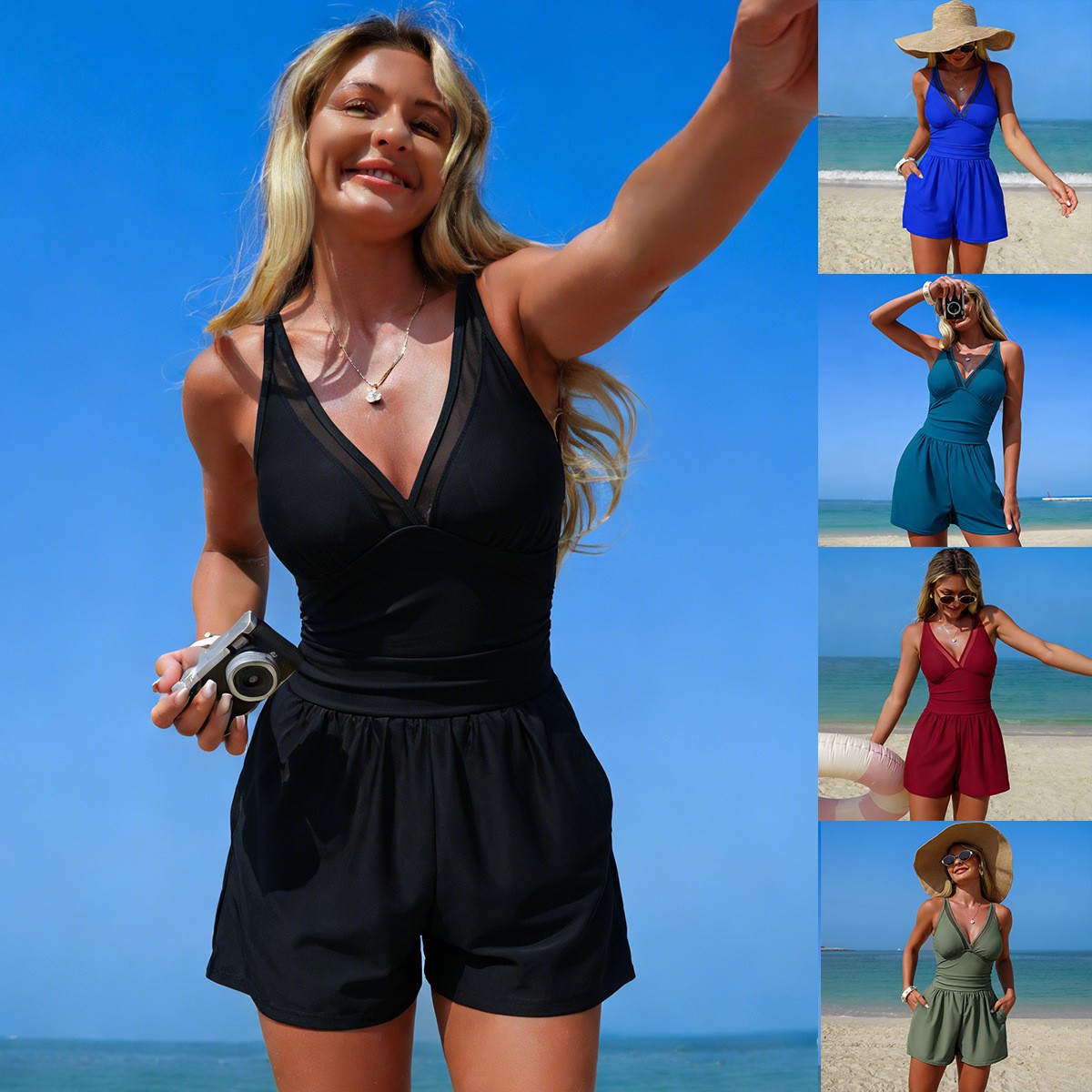Black Solid Color Sleeveless V - Swimsuit Bikini Ruched recensie en prijs