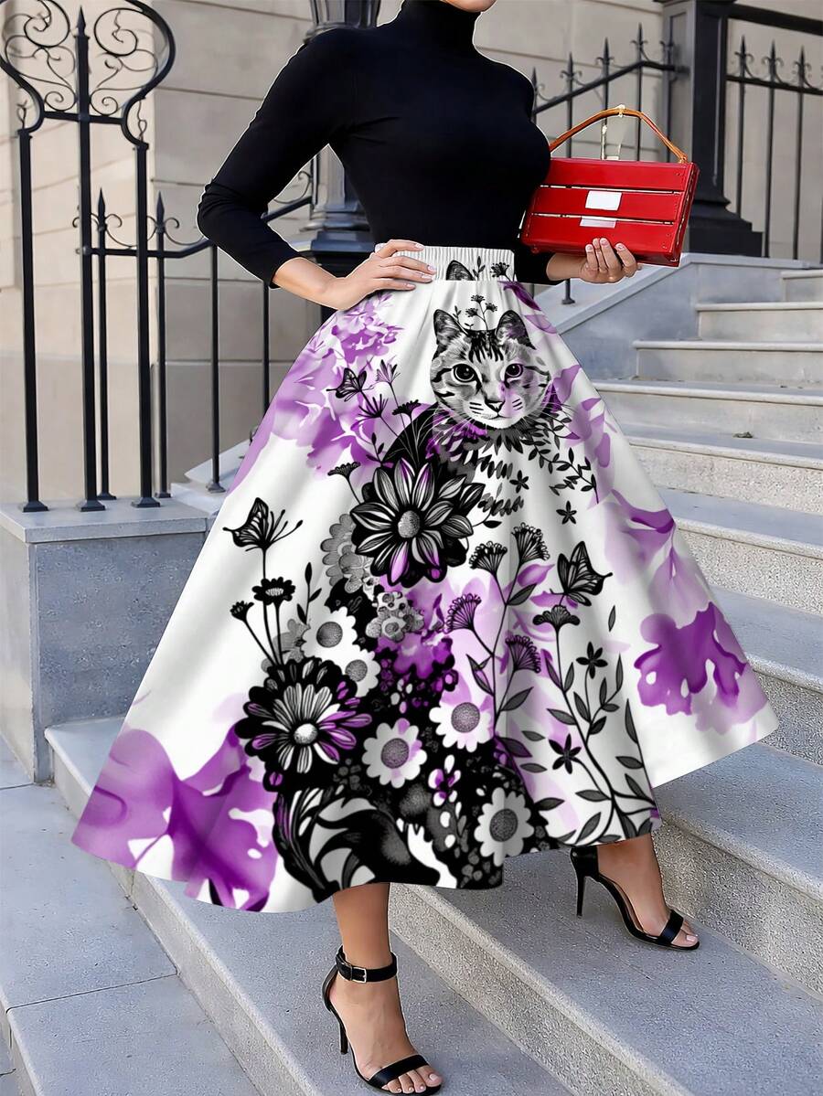 Oversized Floral Cat Print Mid - Midi Skirt Floral recensie en prijs