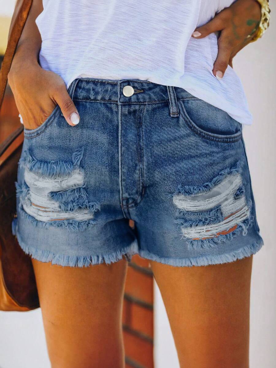 Mid Waist Washed Denim Shorts  - Shorts Denim Frayed recensie en prijs