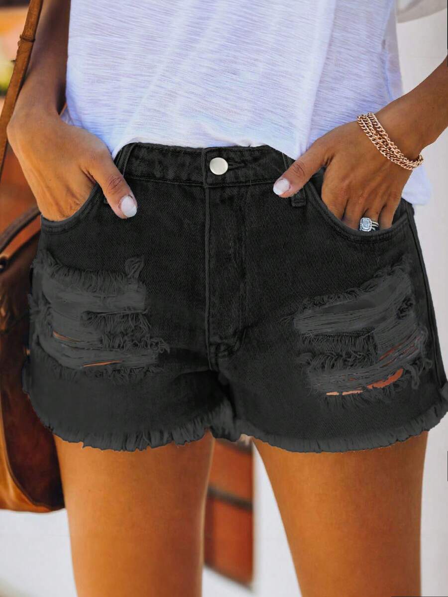Mid Waist Washed Denim Shorts  - Shorts Denim Frayed recensie en prijs