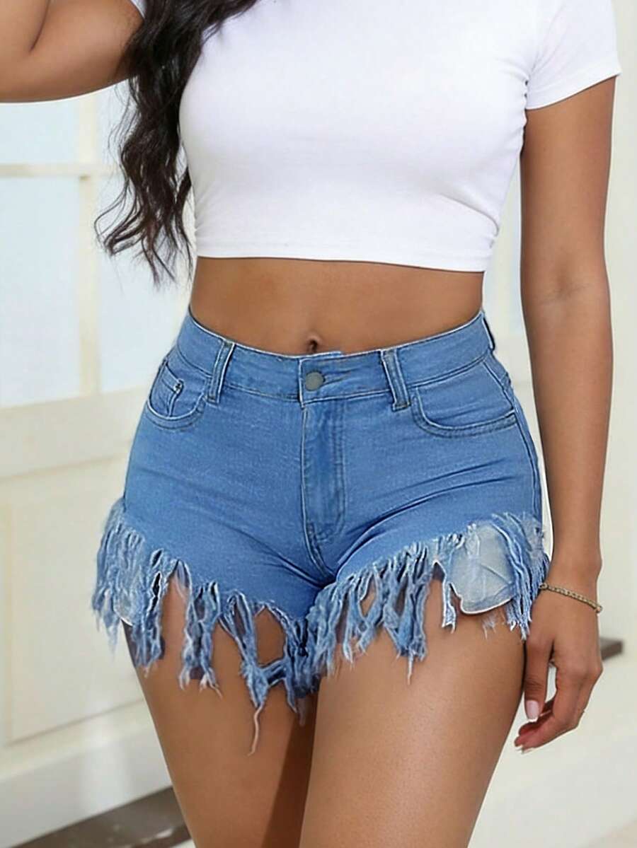 Distressed Frayed Hem Denim Sh - Shorts Denim Frayed recensie en prijs