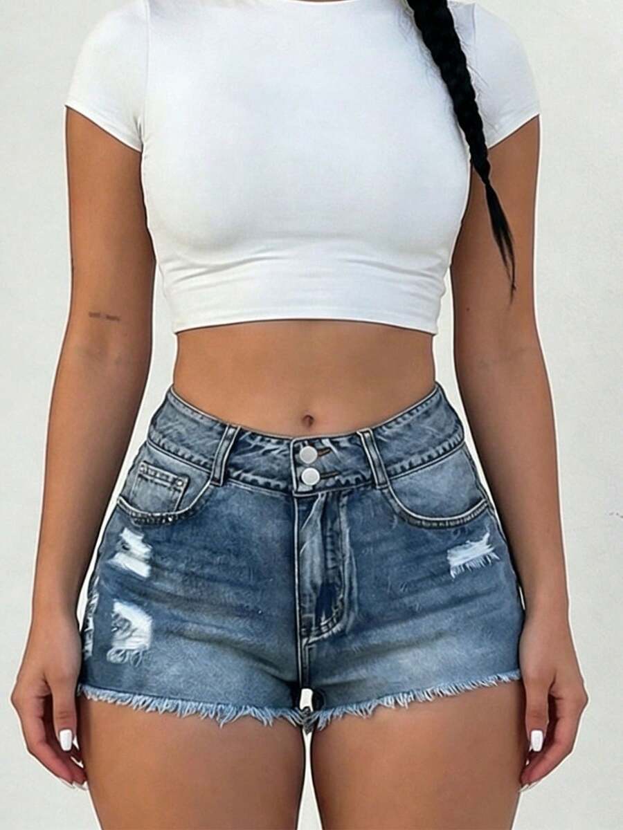 Mid-Rise Womens Denim Shorts W - Shorts Denim Frayed recensie en prijs