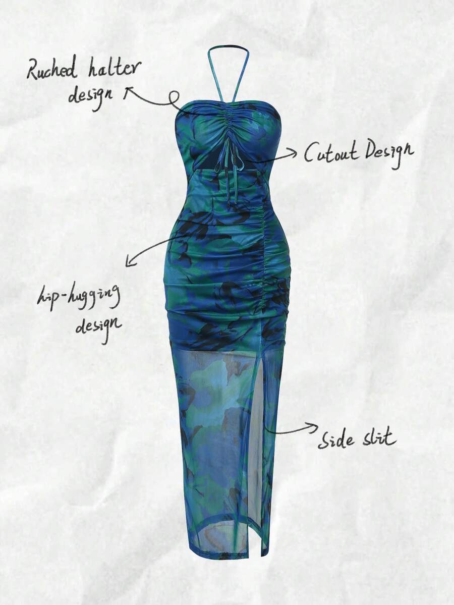 Halter Neck Pleated Mesh Print - Maxi Dress Halter recensie en prijs
